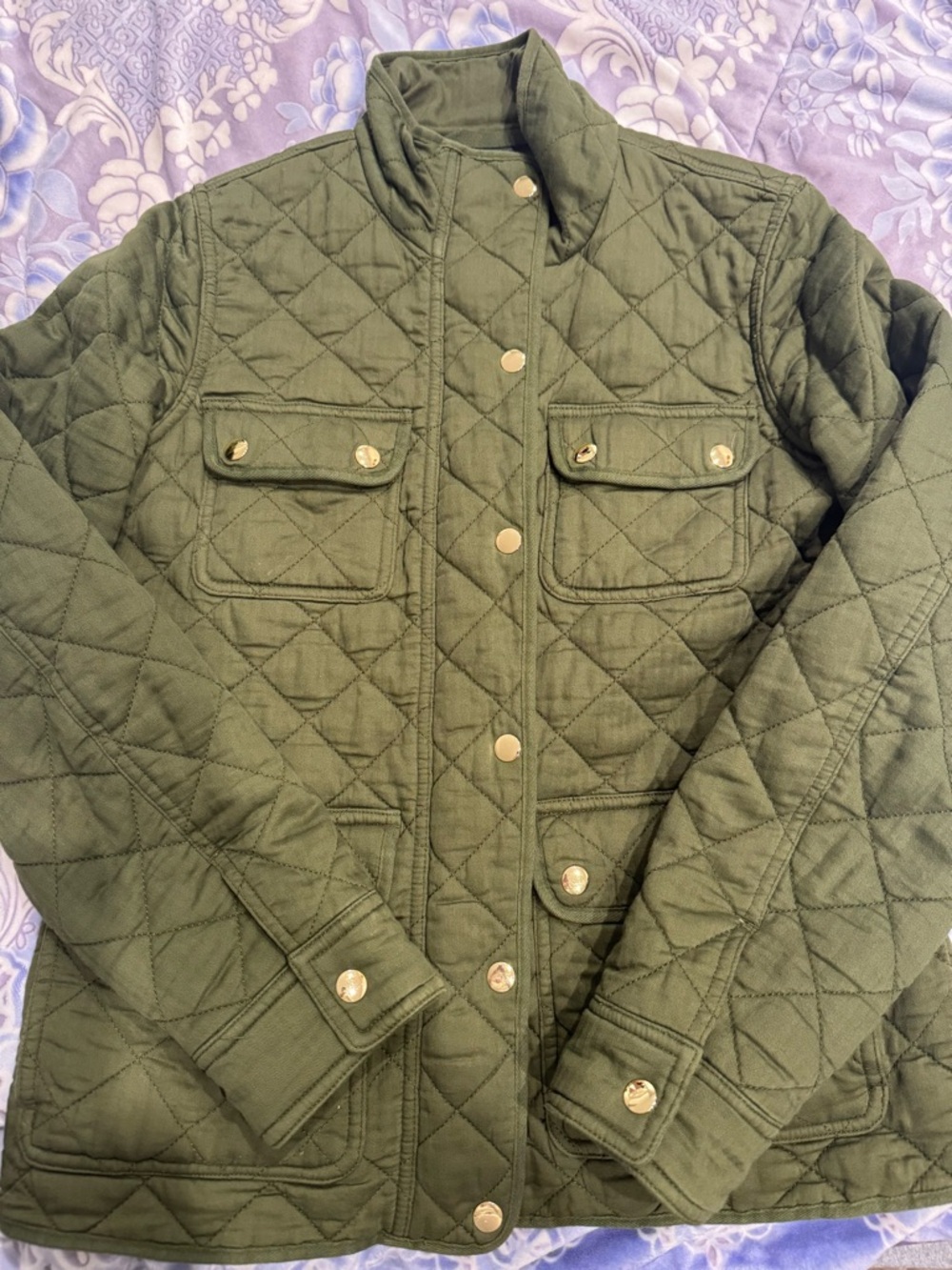 J. Crew Quilted Olive Green Barn Jacket  with chambray lining. 100% cotton
